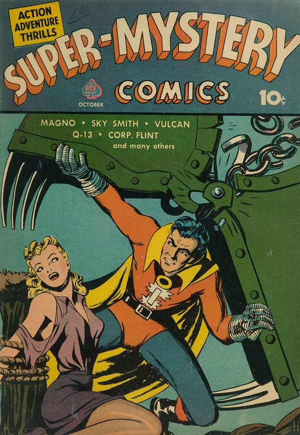 A comic book cover titled 'Super-Mystery Comics' features a superhero in a red and yellow costume saving a blonde woman restrained by chains. The background shows a large mechanical device that suggests imminent danger.