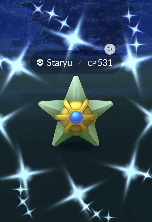 Shiny Staryu is in Raids and the Wild for Enigma Week. Credit: Niantic