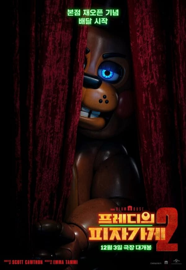 A poster for 'Five Nights at Freddy's 2', featuring a menacing animatronic character peeking from behind red curtains, with text in Korean announcing the film's release date.