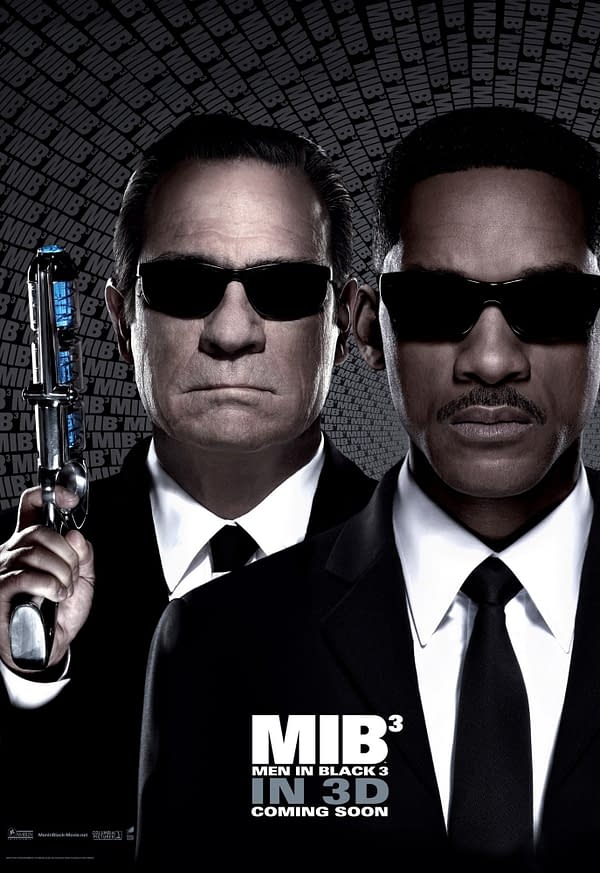 A promotional poster for 'Men in Black 3' featuring two men in black suits and sunglasses, one holding a futuristic gun. The background has a repeated pattern of 'MIB' and the words 'IN 3D' and 'COMING SOON' are displayed prominently.
