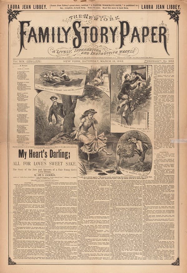 A vintage cover of the 'New York Family Story Paper' from March 19, 1892, featuring a decorative title and illustrations. The cover highlights a story titled 'My Heart's Darling; or All for Love's Sweet Sake' by A.B. Jackman, accompanied by various images depicting romantic and whimsical scenes.