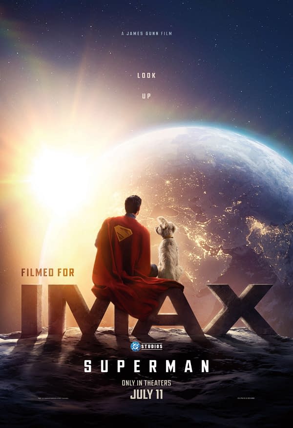 An illustration featuring Superman, wearing his iconic red cape with the 'S' symbol, sitting next to a dog while looking up at a distant planet and a shining sun. The text 'Filmed for IMAX' and 'Superman' along with a release date are displayed prominently.