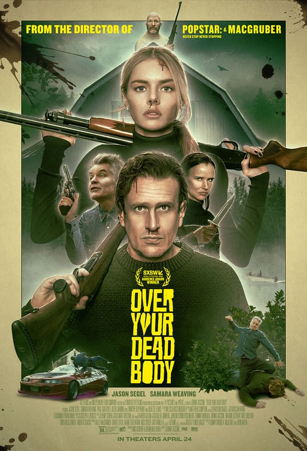 A movie poster for 'Over Your Dead Body' featuring a group of characters, including a woman with a rifle and a man with a serious expression. The title in bold yellow letters is prominently displayed, surrounded by images of action and suspense related to a darkly comedic storyline.