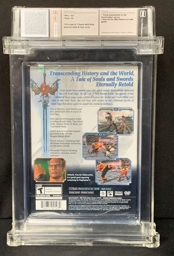 The rear face of the box for the sealed, graded copy of Soul Calibur II for the PS2 console system. Currently available on auction at ComicConnect's website.