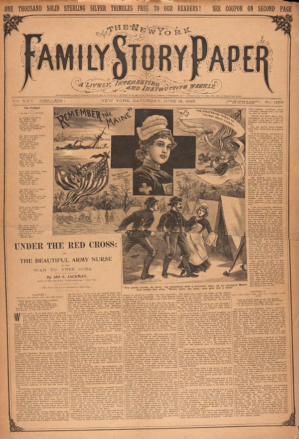 An old newspaper cover from 'Family Story Paper' dated June 18, 1898. It features illustrations including a woman with a hat, a scene with a flag, and soldiers, alongside a headline referencing the war in Cuba.