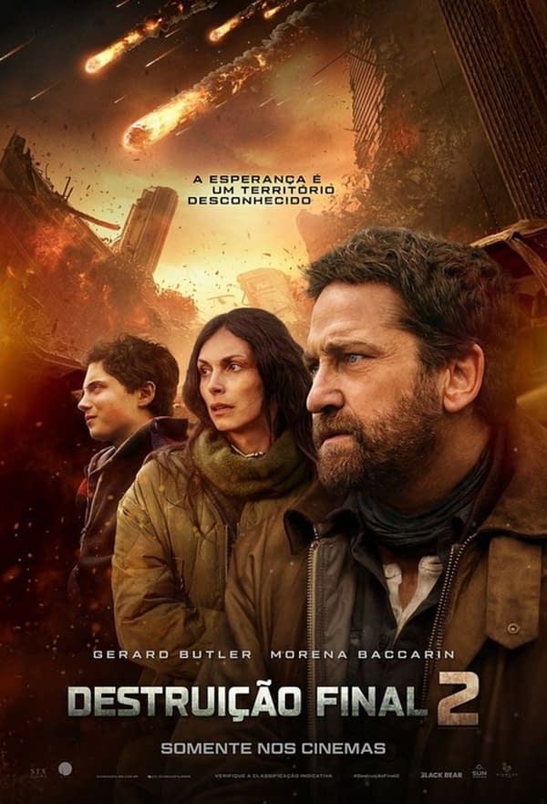 A dramatic movie poster featuring three characters in survival gear, facing an apocalyptic background with meteors and destruction, highlighting themes of hope and uncertainty. The poster's title reads 'Destruição Final 2' in prominent lettering.
