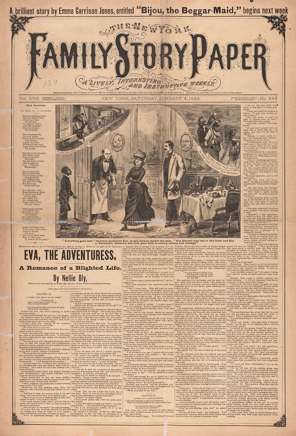 A historical cover of The New York Family Story Paper, featuring an illustration of a woman in a long dress conversing with two men in formal attire. The text highlights a story titled 'Eva, The Adventuress' by Nellie Bly, reflecting on the themes of romance and adventure in 1890.