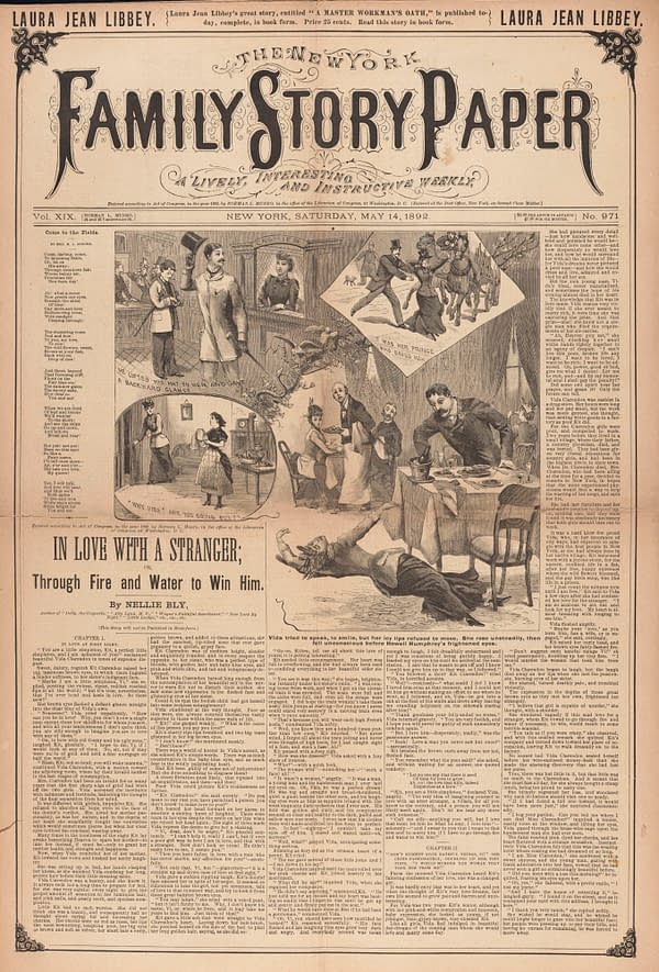 An antique newspaper cover featuring the title 'Family Story Paper' with bold decorative lettering. Illustrations on the page depict dramatic scenes of a woman and men in various emotional situations, along with text from a serialized story titled 'In Love with a Stranger.'