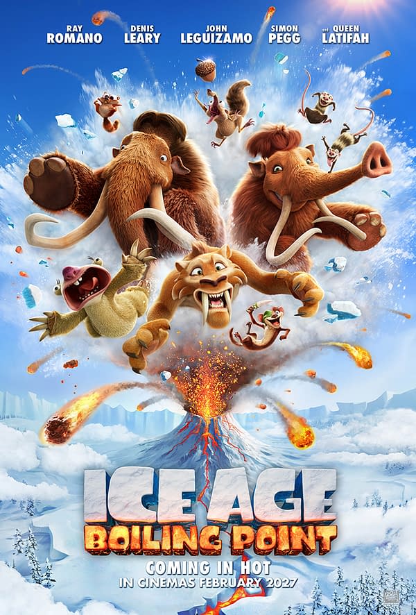 Teaser poster for Ice Age: Boiling Point showing the Ice Age characters flying through the air above an erupting volcano, with the title and February 2027 release text at the bottom.