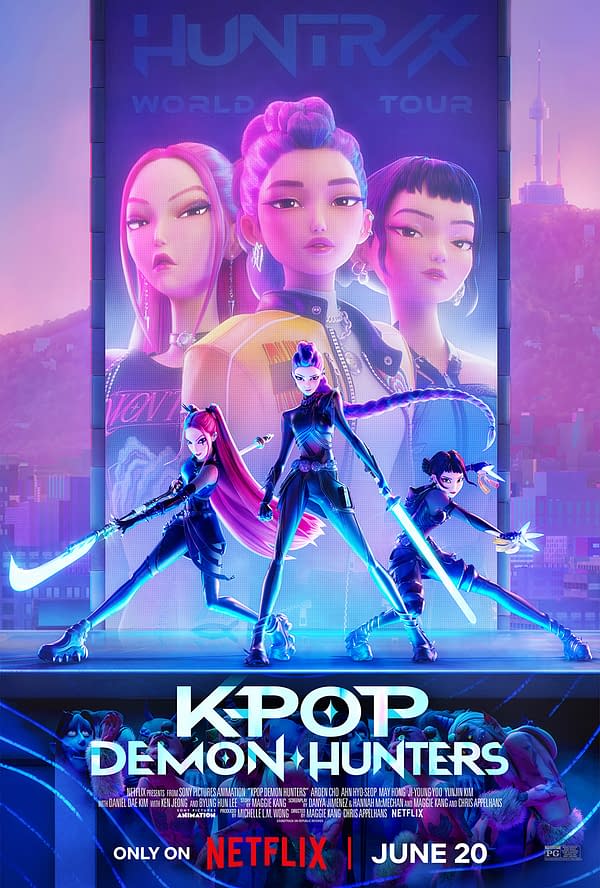 An animated promotional poster for 'KPop Demon Hunters,' featuring four stylized characters in sleek outfits, wielding weapons against a vibrant backdrop with advertising for a world tour. The image highlights the characters' fierce expressions and showcases a futuristic cityscape.