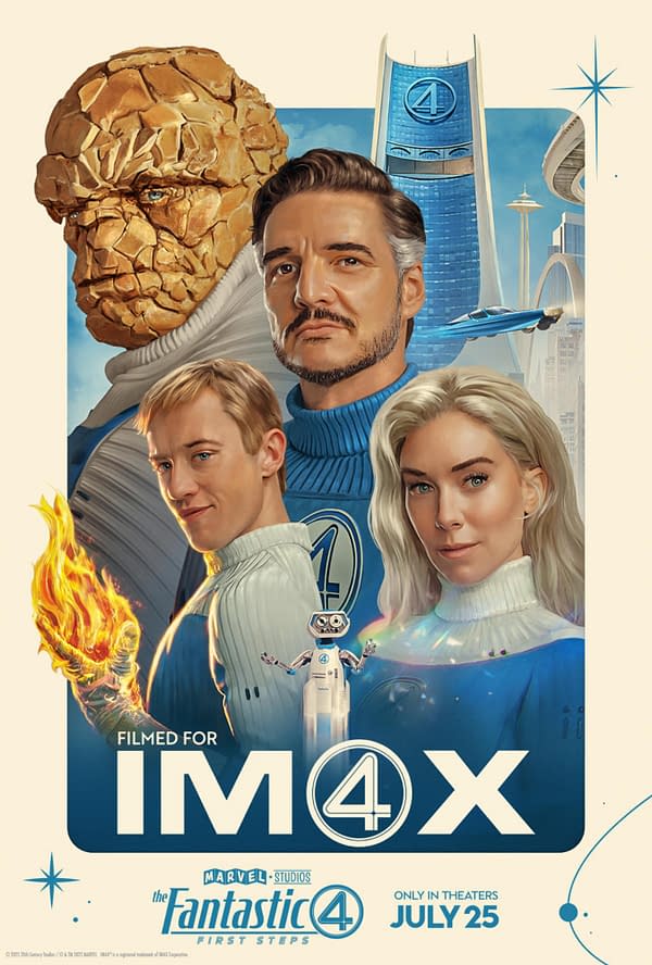 An illustrative poster for 'The Fantastic Four: First Steps,' featuring four characters, including a rock-like figure, flames in the hands of a character, and a futuristic city skyline. The text highlights that the film was filmed for IMAX, with a release date of July 25.