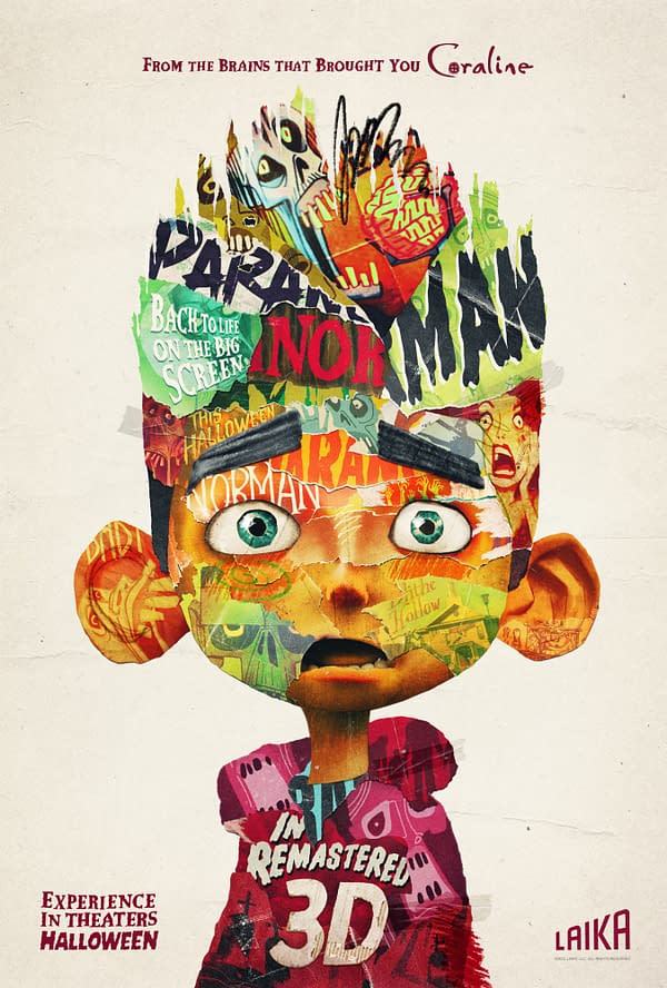 A colorful, stylized illustration of a boy with a shocked expression, featuring various text and imagery related to 'ParaNorman' and Halloween. The artwork highlights the film's remastered 3D release in theaters.