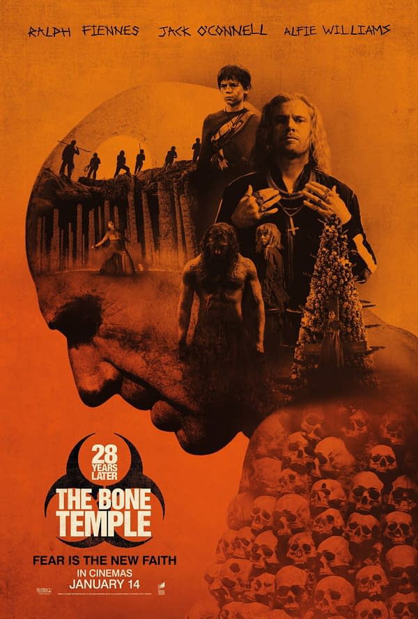 A film poster for '28 Years Later: The Bone Temple,' featuring a stylized orange background. Central images include characters portrayed by Ralph Fiennes and Jack O'Connell, along with symbolic elements like skulls and a haunting figure, highlighting themes of fear and faith. The tagline reads 'Fear is the new faith.'