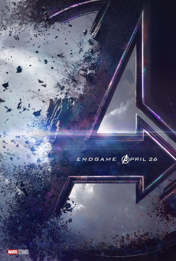 A promotional poster for 'Avengers: Endgame' featuring the stylized Avengers logo partially disintegrating, with the text 'ENDGAME APRIL 26' below. The background includes a cloudy sky and fragmented debris.