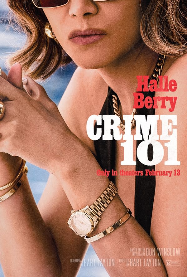 A promotional poster for the film 'Crime 101' featuring a close-up of a woman with stylish sunglasses, showcasing elegant gold jewelry, including a watch and bracelets. The poster prominently displays the title 'Crime 101' and the name 'Halle Berry,' along with release information.