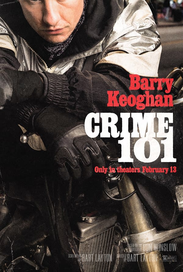 A promotional poster for the film 'Crime 101' featuring actor Barry Keoghan. He is depicted in a close-up, wearing a silver jacket and gloves, with a serious expression, positioned near a motorcycle.