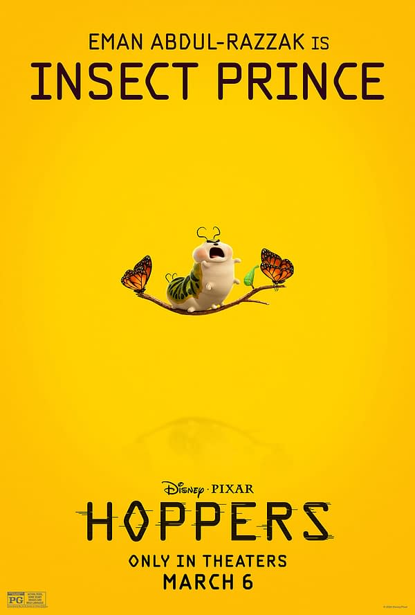 Promotional poster for the animated film "Hoppers," featuring a cartoon caterpillar character, labeled as the "Insect Prince," perched on a branch with two butterflies. The background is a bright yellow, and the poster displays the film title and release date.