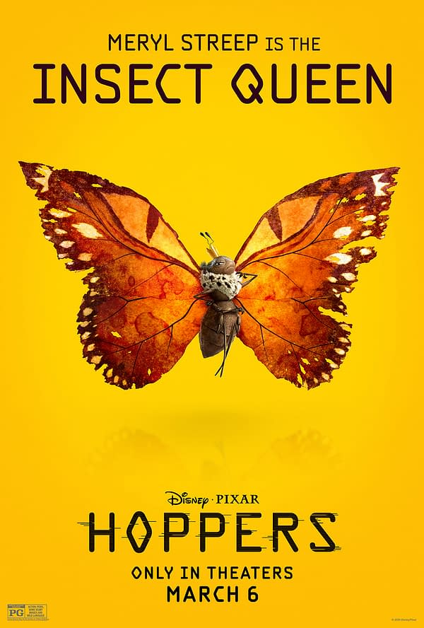 A colorful illustration featuring a butterfly with vibrant orange and brown wings, combined with a character's body, representing the 'Insect Queen' from Disney Pixar's 'Hoppers.' The background is bright yellow, and the text includes the film's release date.