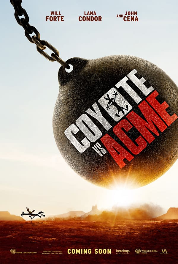 A cartoonish movie poster for 'Coyote vs ACME,' featuring a large, metallic wrecking ball hanging above a cartoon coyote running across a desert landscape. The title is prominently displayed in large letters, with a dramatic sky and mountains in the background, and the tagline 'Coming Soon' at the bottom.