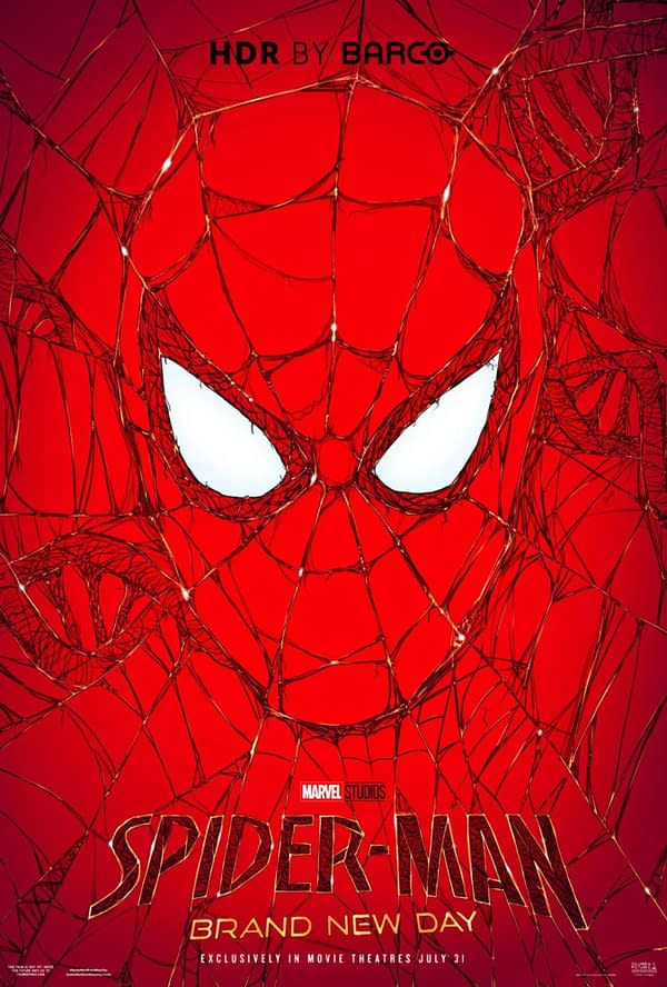 Marvel Studios Spider-Man: Brand New Day poster with a red Spider-Man mask formed by tangled webbing and white eyes.