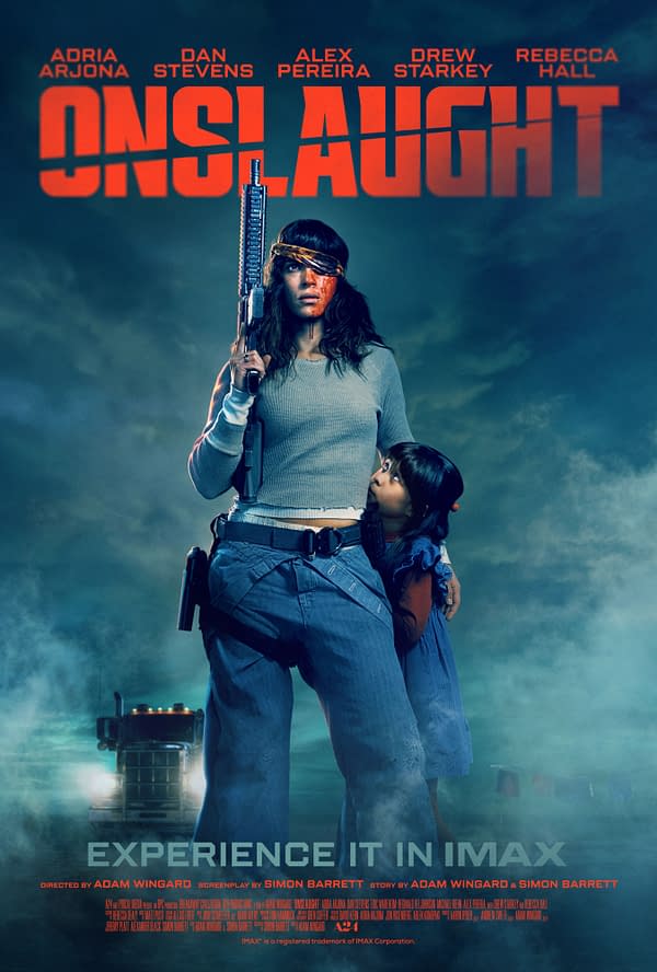 IMAX teaser poster for Onslaught showing a woman holding a rifle while protecting a child in a smoky, blue-toned scene, with the title in bold orange text.