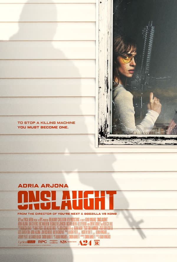 Teaser one-sheet for the film Onslaught, showing a woman with yellow-tinted glasses holding a rifle by a window, with the tagline