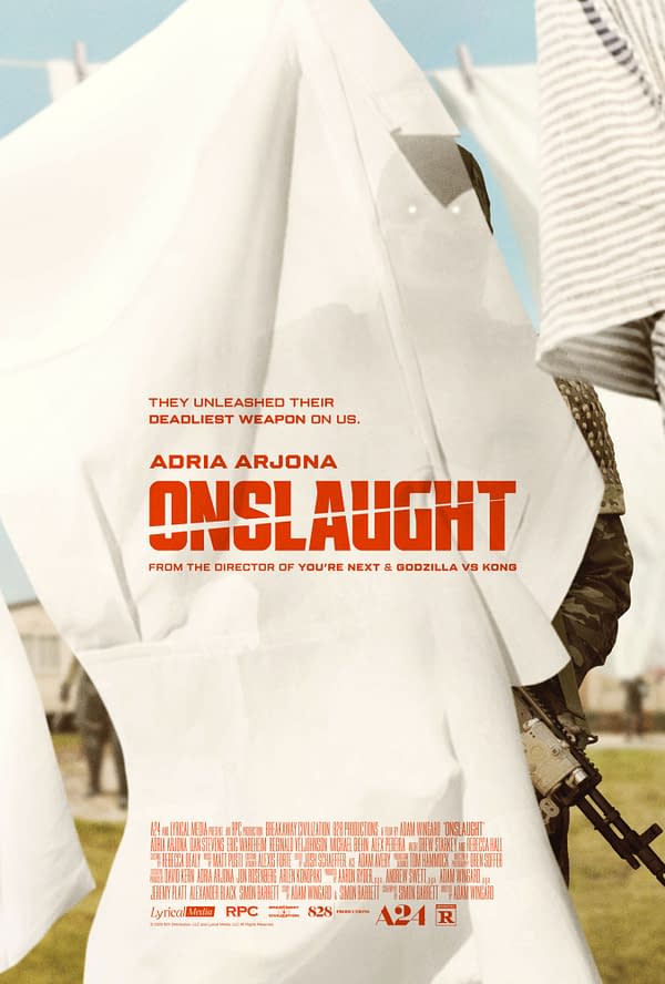 Onslaught movie poster showing white sheets blowing in the wind over a soldier carrying a rifle, with bold orange title text.
