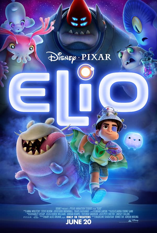 An illustration from the Disney Pixar film "ELIO," featuring a young boy in a colorful outfit with a cape, running alongside a playful, large alien creature in a vibrant cosmic background. The title 'ELIO' is prominently displayed in glowing letters, emphasizing the movie's whimsical theme.