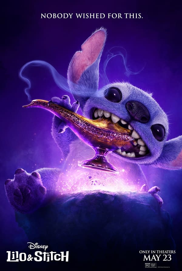A colorful Disney poster featuring Stitch, a small purple alien, joyfully holding a golden lamp. The background is a deep purple with magical sparkles, and the text reads "NOBODY WISHED FOR THIS."
