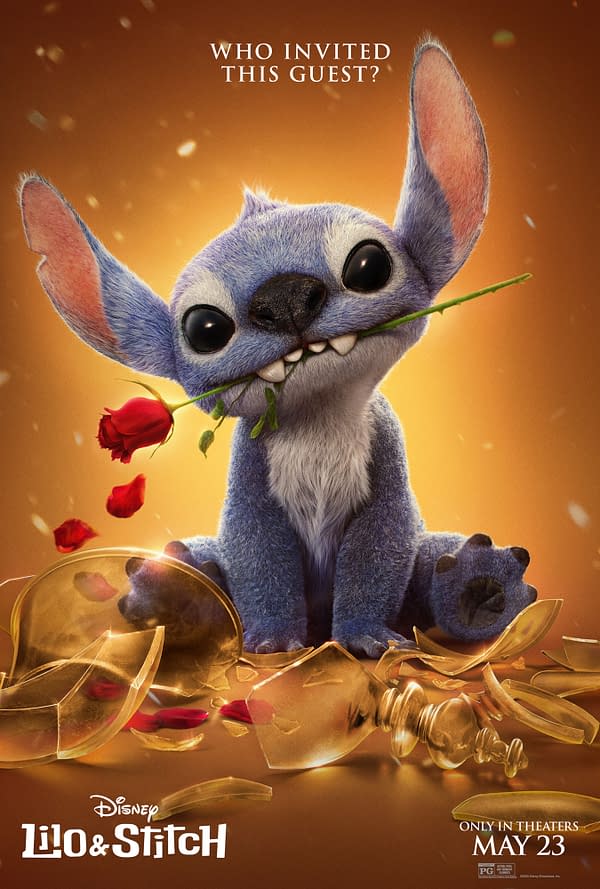 A colorful poster featuring Stitch, a small blue alien with large eyes and a playful smile, holding a rose while sitting amidst shattered glass and rose petals. The background is golden with the text "Who invited this guest?" prominently displayed.