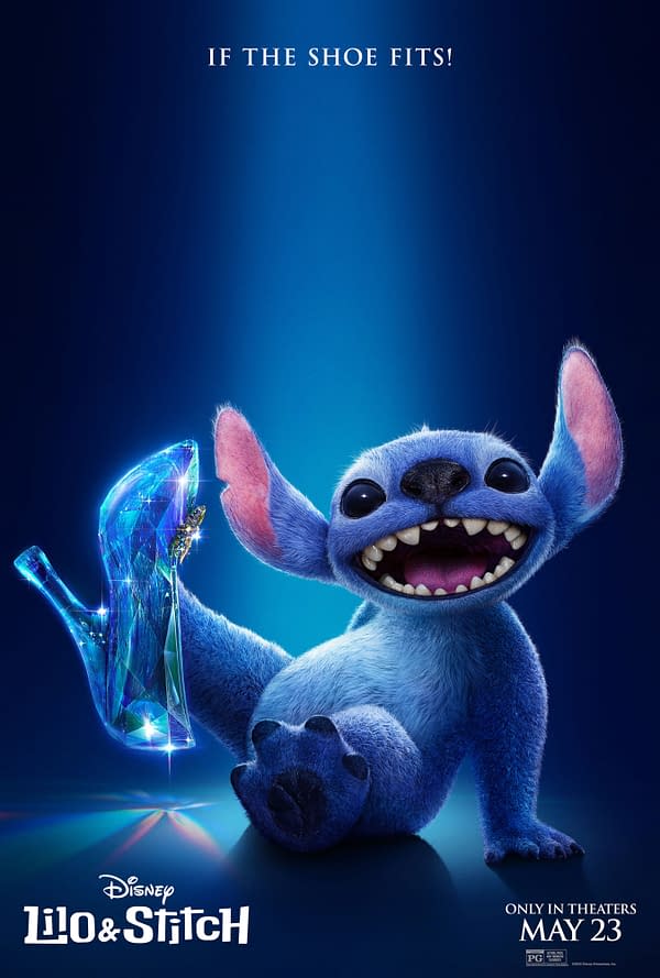 A cheerful blue creature resembling an alien holds a sparkling, glass-like high heel shoe, with a background featuring a gradient of blue light. The text "IF THE SHOE FITS!" is displayed above, part of promotional art for the Disney movie 'Lilo & Stitch'.
