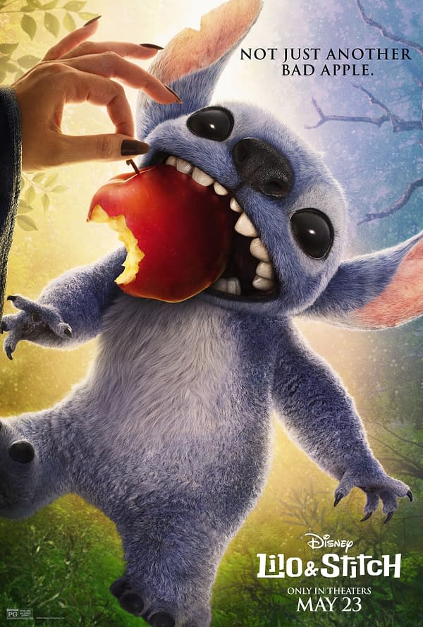 A colorful poster for Disney's 'Lilo & Stitch' features a playful blue creature with large ears and a big smile, holding a partially eaten red apple. The background suggests a whimsical forest setting, while the text reads, "Not just another bad apple."