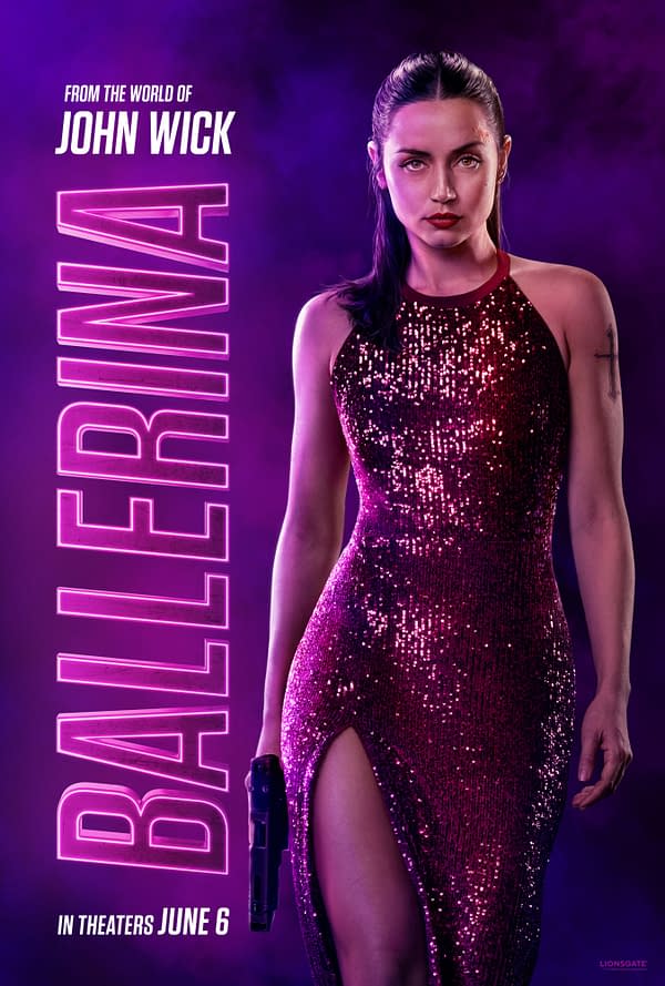 A promotional illustration for the movie 'Ballerina,' featuring a woman in a sparkling purple dress holding a gun, against a dark purple backdrop. The text 'Ballerina' is prominently displayed alongside a note that it is from the world of 'John Wick' with a release date of June 6.