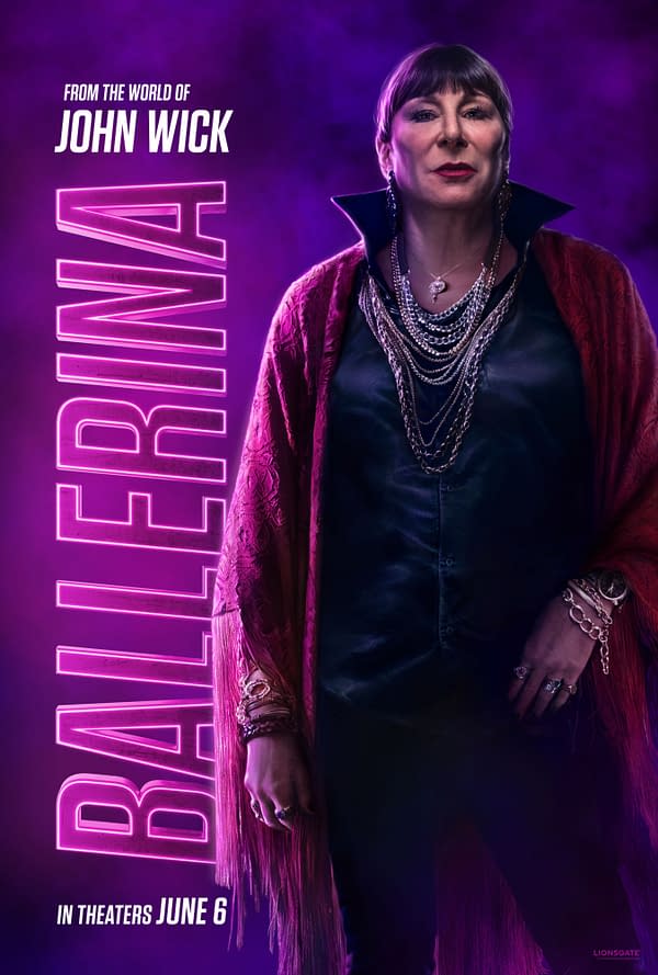A dramatic illustration featuring a character from the world of John Wick, dressed in a black outfit with a striking red shawl and layered jewelry. The background has a purple hue with the word 'BALLERINA' prominently displayed.