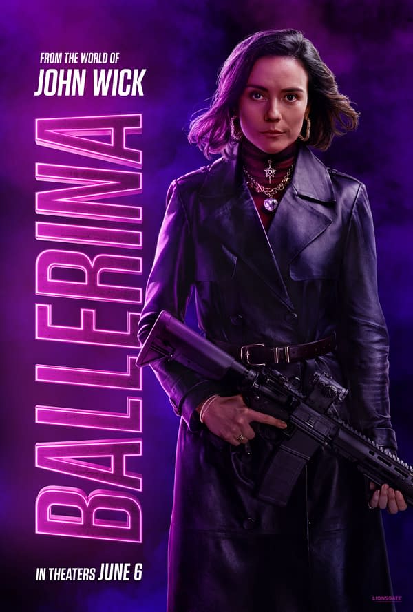 A stylized promotional illustration for the movie 'Ballerina' from the world of John Wick, featuring a character in a black leather coat holding a rifle, set against a dramatic purple-hued background. The title 'BALLERINA' is prominently displayed in bright pink letters.