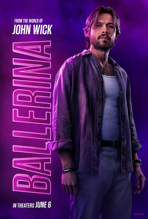 A promotional illustration for the movie 'Ballerina', featuring a man with long hair and a serious expression, dressed in a casual outfit with a gray unbuttoned shirt over a white tank top, standing against a dark purple and pink background. The title 'BALLERINA' is prominently displayed in bold pink letters, with the phrase 'From the world of John Wick' at the top and 'In theaters June 6' at the bottom.