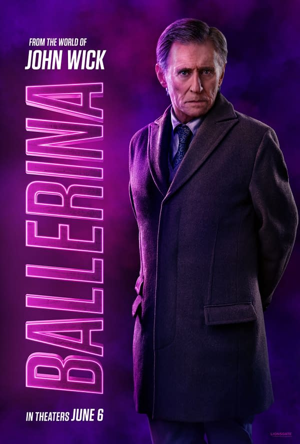 A promotional illustration for 'Ballerina' featuring a character in a dark coat against a vibrant purple background, with glowing text that reads 'BALLERINA' on the left side. The text indicates the movie is from the world of 'John Wick' and mentions its release in theaters on June 6.