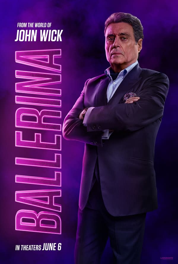 A character from the movie 'Ballerina' stands with arms crossed, wearing a dark suit and a patterned pocket square, against a purple smoky background. The text "From the world of John Wick" and "Ballerina" are prominently displayed on the left side.