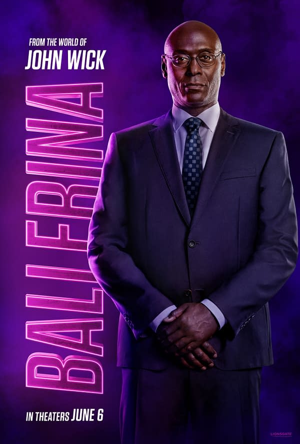 A promotional illustration for the movie 'Ballerina,' featuring a man in a dark suit and glasses, standing confidently with his hands clasped in front of him. The background is purple with the title 'BALLERINA' lit in neon pink, with the tagline 'FROM THE WORLD OF JOHN WICK' above.