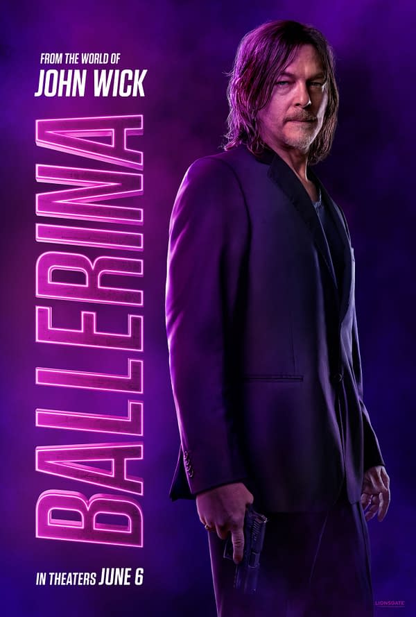 A promotional illustration for the movie 'Ballerina' from the John Wick universe, featuring a man in a black suit holding a gun and standing against a purple and black background, with the title 'BALLERINA' and the release date 'IN THEATERS JUNE 6' displayed prominently.