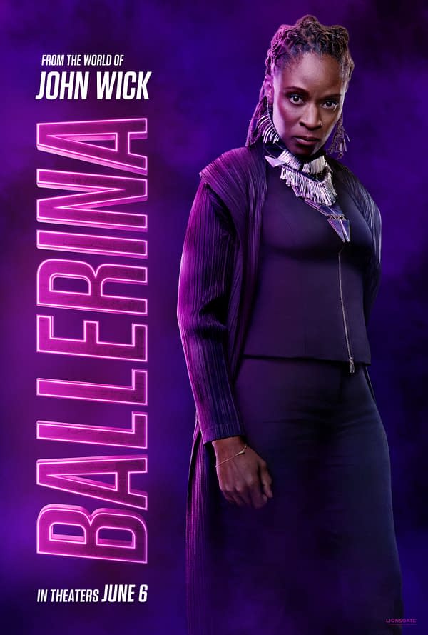 A promotional poster for the film "Ballerina" from the world of John Wick, featuring a fierce-looking character with braided hair wearing a stylish outfit and a bold necklace. The background is dark with purple tones, and the title "BALLERINA" is prominently displayed in neon letters.