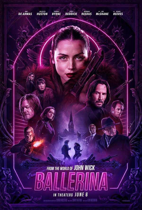 A vibrant movie poster for 'Ballerina,' featuring the main character prominently in the foreground with a gun, surrounded by a colorful, action-packed design and silhouettes of supporting characters. The poster showcases a blend of dark tones and vivid purples, emphasizing its connection to the 'John Wick' universe, with a release date mentioned.