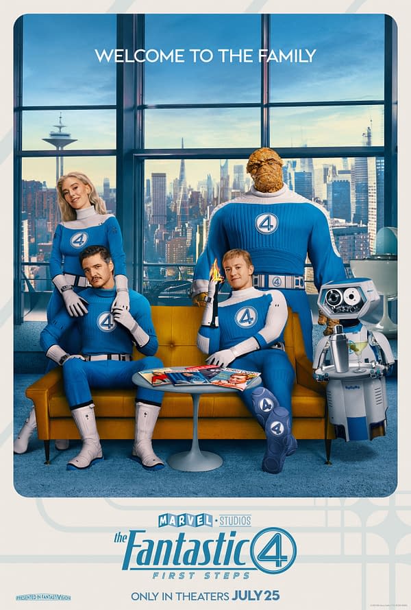 A promotional poster for 'The Fantastic Four: First Steps,' featuring four characters in blue superhero suits, seated on a yellow couch. The background shows a cityscape, with a robot and a coffee table with magazines in front of them, and the text 'Welcome to the Family.'