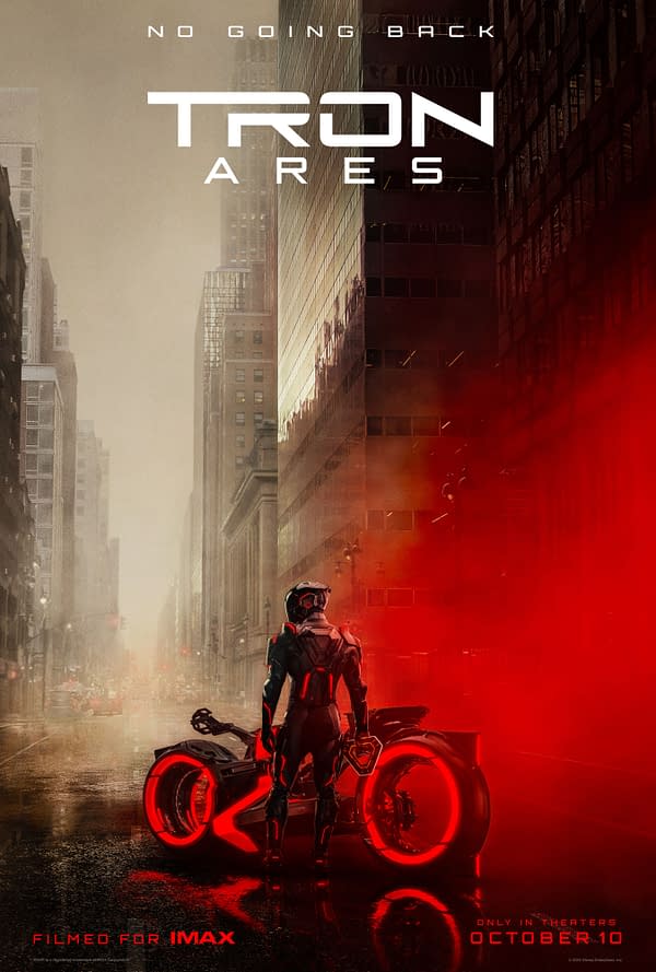 A digital poster for 'TRON: Ares,' featuring a futuristic character in a black suit with red accents, standing next to a glowing motorcycle in a misty urban environment. The tagline reads 'NO GOING BACK' and it indicates the film is filmed for IMAX, with a release date of October 10.
