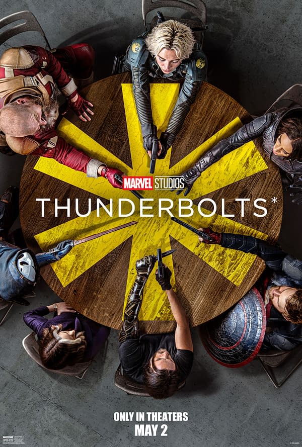 The Thunderbolts key art features a bird's-eye view of a round table with six characters poised with weapons around a bright yellow star design, highlighting the text 'THUNDERBOLTS*' and the Marvel Studios logo, indicating its theatrical release on May 2.