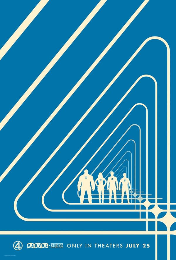 A minimalist illustration featuring four silhouetted characters from the Fantastic Four standing in a row, set against a vibrant blue background with converging white lines. The image promotes a film, indicating its release on July 25.