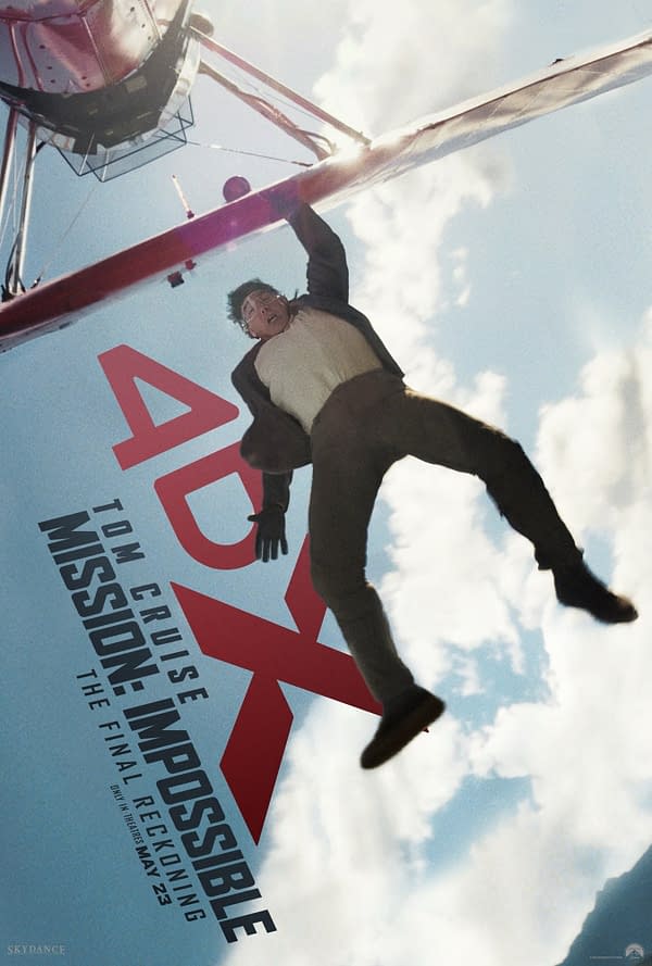 A promotional poster for 'Mission: Impossible – The Final Reckoning' featuring Tom Cruise in a dramatic scene where he is hanging from an aircraft, with red branding elements and the film's title prominently displayed.