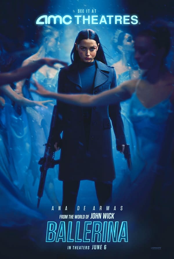 A movie poster for 'Ballerina,' featuring Ana de Armas in a dark coat, holding a weapon, set against a dramatic blue background with blurry ballet dancers. The poster promotes the film's theatrical release on June 6, associated with the 'John Wick' franchise.