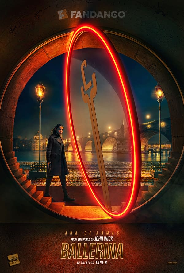 A movie poster for "Ballerina," featuring a woman in a dark coat and holding a gun, standing near an illuminated circular frame. The background shows a cityscape at night, with a bridge and lampposts visible, and text indicating the film's release date in theaters on June 6.