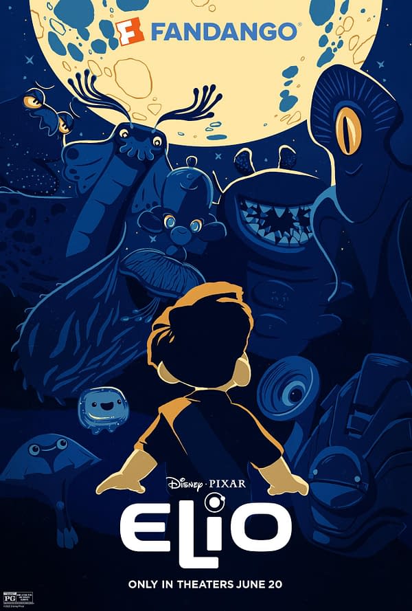 A whimsical cartoon-style poster for the animated film 'Elio' featuring a young boy looking up at various colorful aliens and a large moon. The Disney and Pixar logos are included, with a Fandango logo at the top.